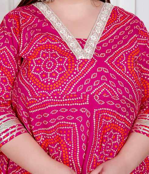 Miravan Plus Size Womens Pink cotton Bandhani ethnic Anarkali Kurta