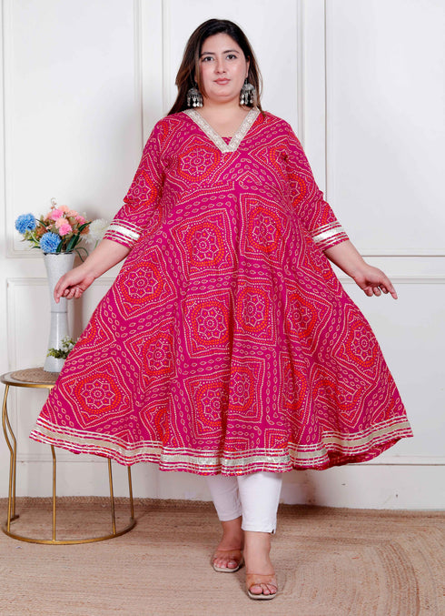 Miravan Plus Size Womens Pink cotton Bandhani ethnic Anarkali Kurta