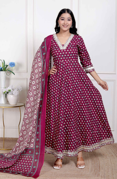 Miravan Womens Maroon embroidered Anarkali Kurta and Dupatta