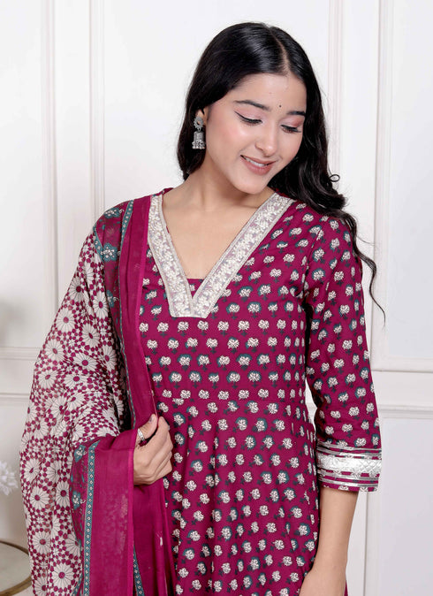 Miravan Womens Maroon embroidered Anarkali Kurta and Dupatta