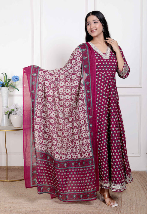 Miravan Womens Maroon embroidered Anarkali Kurta and Dupatta