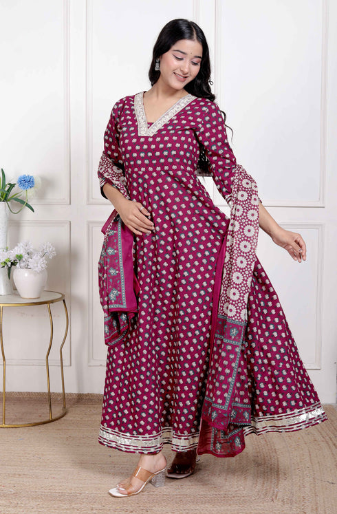 Miravan Womens Maroon embroidered Anarkali Kurta and Dupatta