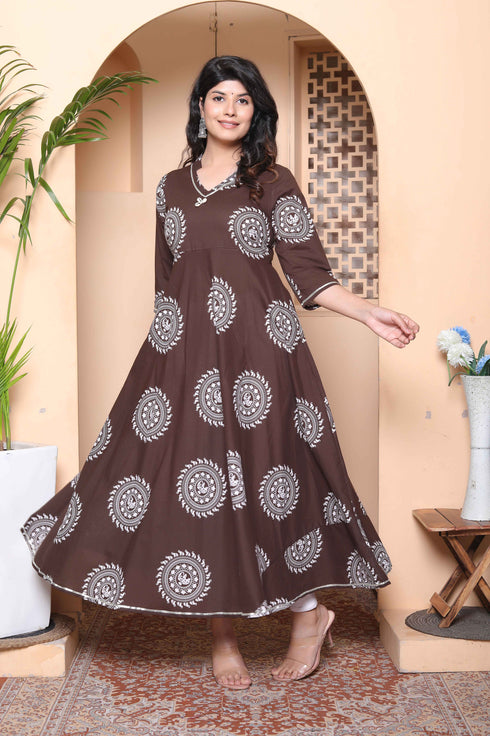 Miravan Womens Printed V Neck Cotton Anarkali Kurta Brown