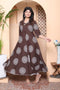 Miravan Womens Printed V Neck Cotton Anarkali Kurta Brown