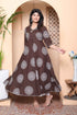 Miravan Womens Printed V Neck Cotton Anarkali Kurta Brown