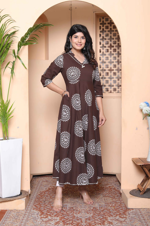 Miravan Womens Printed V Neck Cotton Anarkali Kurta Brown