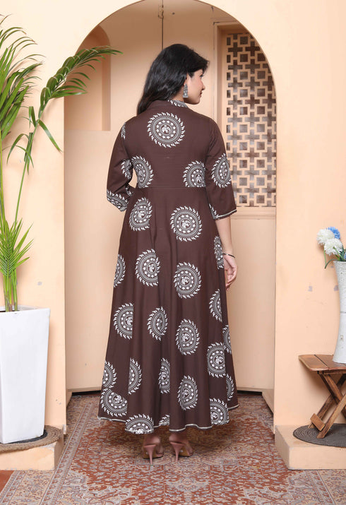 Miravan Womens Printed V Neck Cotton Anarkali Kurta Brown