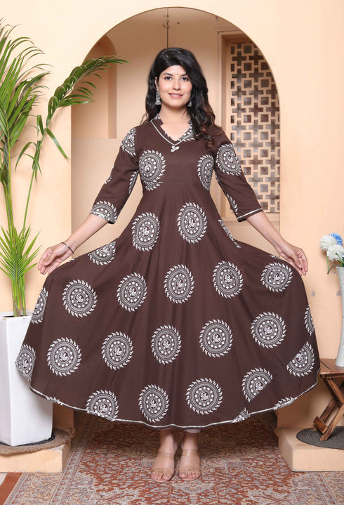 Miravan Womens Printed V Neck Cotton Anarkali Kurta Brown