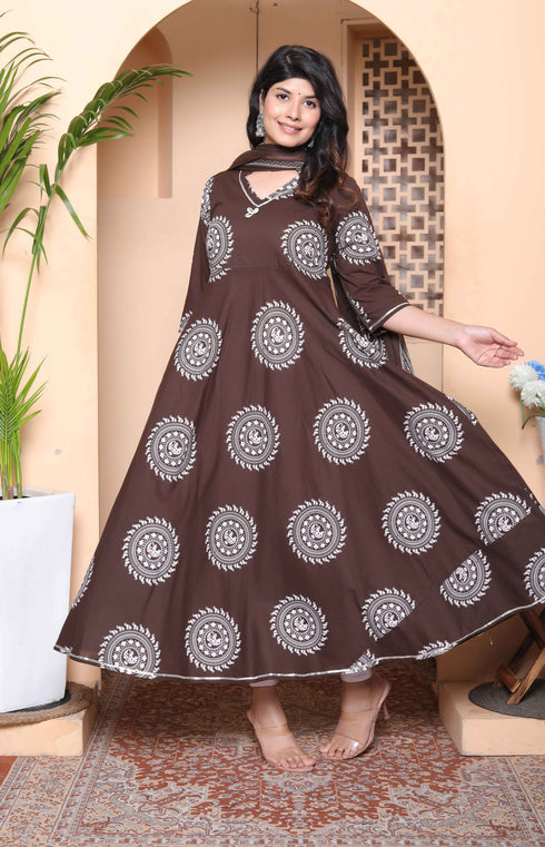 Miravan Womens Brown Animal Printed Anarkali Kurta with Dupatta Set