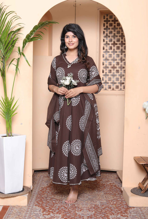 Miravan Womens Brown Animal Printed Anarkali Kurta with Dupatta Set