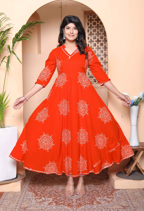 Miravan Womens Orange Mandarin Neck Printed Anarkali Style Kurta