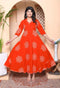 Miravan Womens Orange Mandarin Neck Printed Anarkali Style Kurta