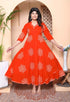 Miravan Womens Orange Mandarin Neck Printed Anarkali Style Kurta