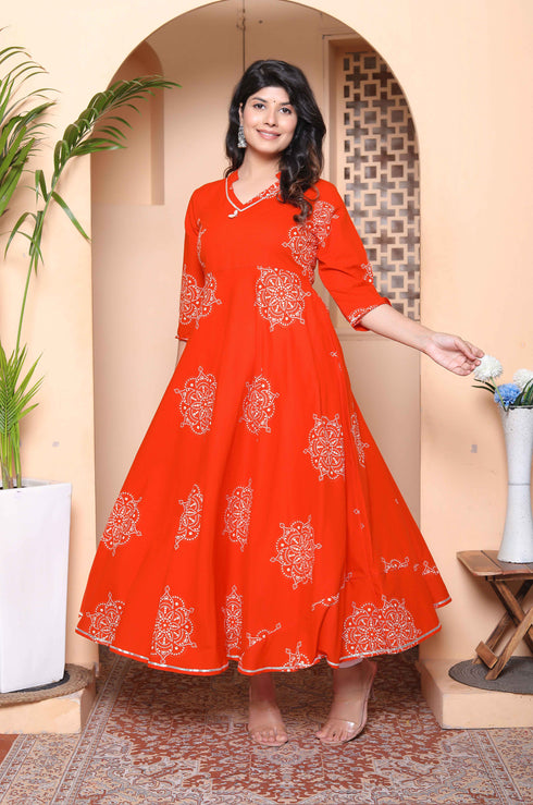 Miravan Womens Orange Mandarin Neck Printed Anarkali Style Kurta