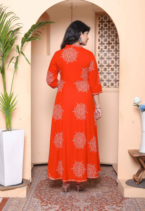 Miravan Womens Orange Mandarin Neck Printed Anarkali Style Kurta