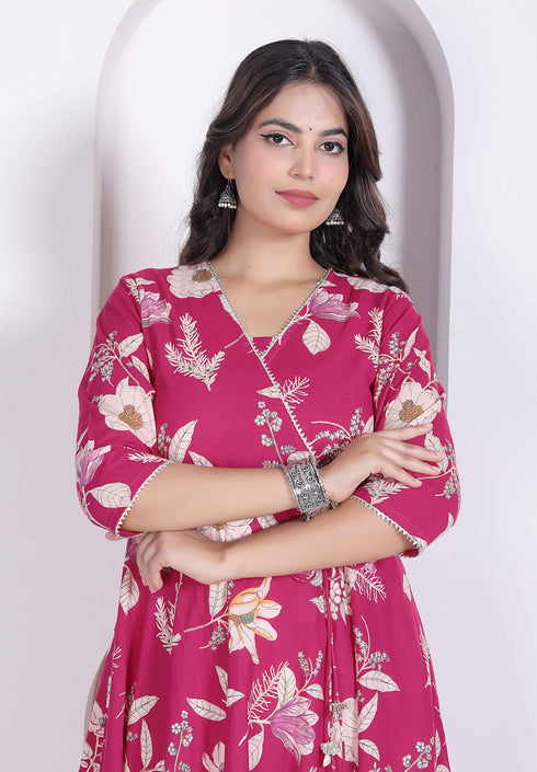 Miravan Womens Pink Floral Printed Angrakha Kurta