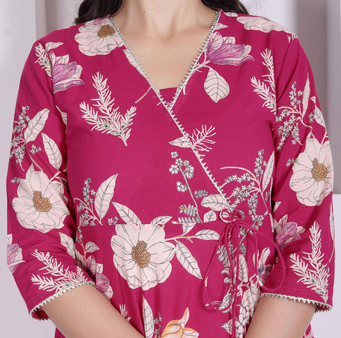 Miravan Womens Pink Floral Printed Angrakha Kurta