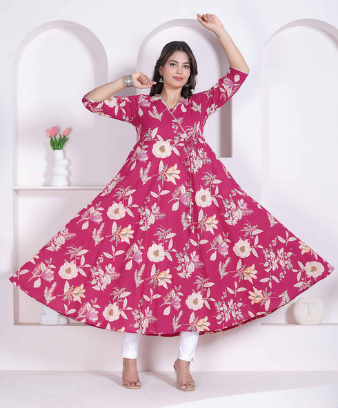 Miravan Womens Pink Floral Printed Angrakha Kurta