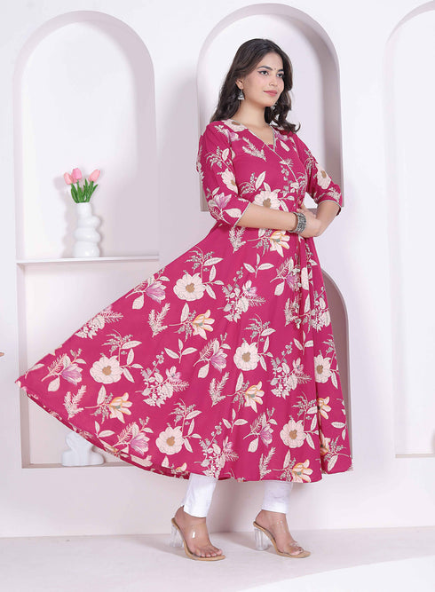Miravan Womens Pink Floral Printed Angrakha Kurta