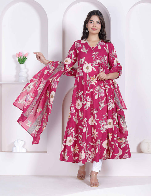 Miravan Womens Pink Floral Printed Angrakha Kurta with Dupatta