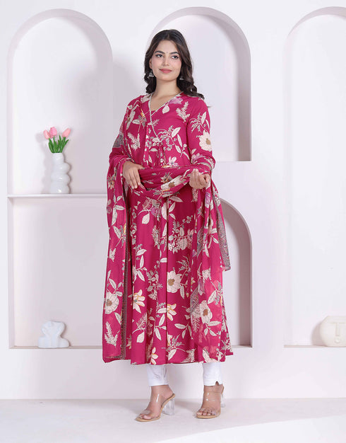 Miravan Womens Pink Floral Printed Angrakha Kurta with Dupatta