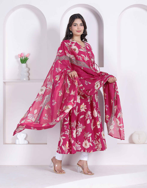Miravan Womens Pink Floral Printed Angrakha Kurta with Dupatta