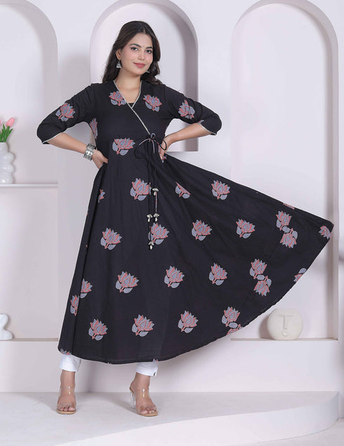 Miravan womens Cotton Floral Print Anarkali Kurta Black