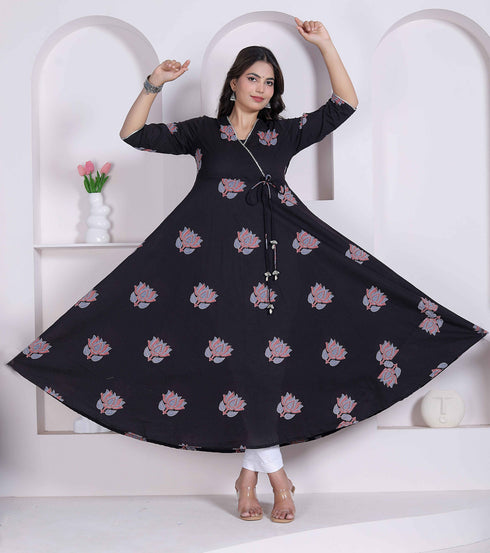 Miravan womens Cotton Floral Print Anarkali Kurta Black