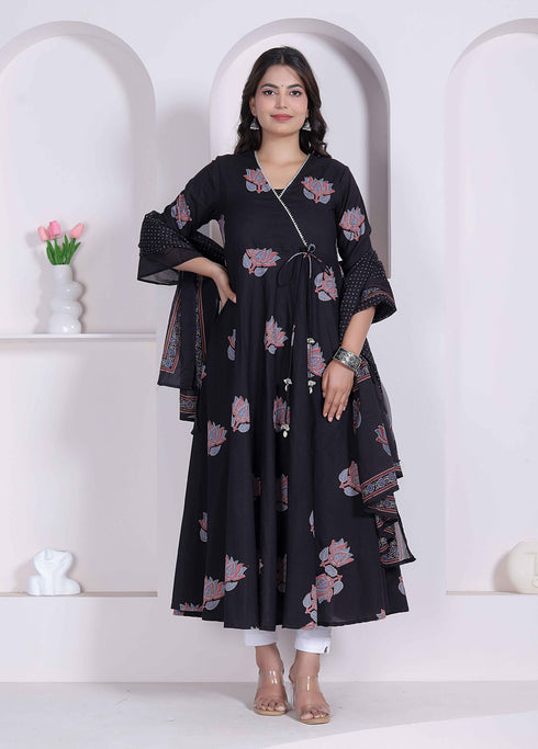Miravan Black Printed Cotton Anarkali Kurta and Dupatta for Women