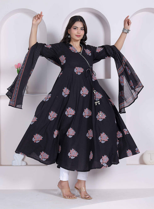 Miravan Black Printed Cotton Anarkali Kurta and Dupatta for Women