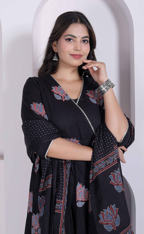 Miravan Black Printed Cotton Anarkali Kurta and Dupatta for Women
