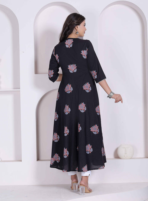 Miravan Black Printed Cotton Anarkali Kurta and Dupatta for Women