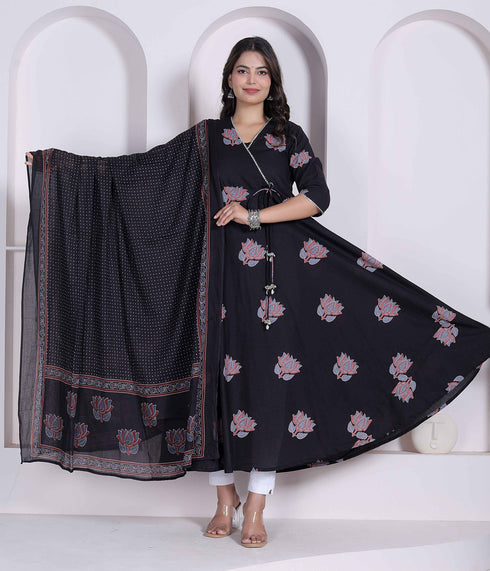 Miravan Black Printed Cotton Anarkali Kurta and Dupatta for Women