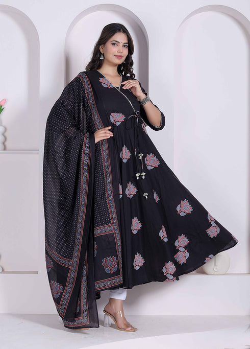 Miravan Black Printed Cotton Anarkali Kurta and Dupatta for Women