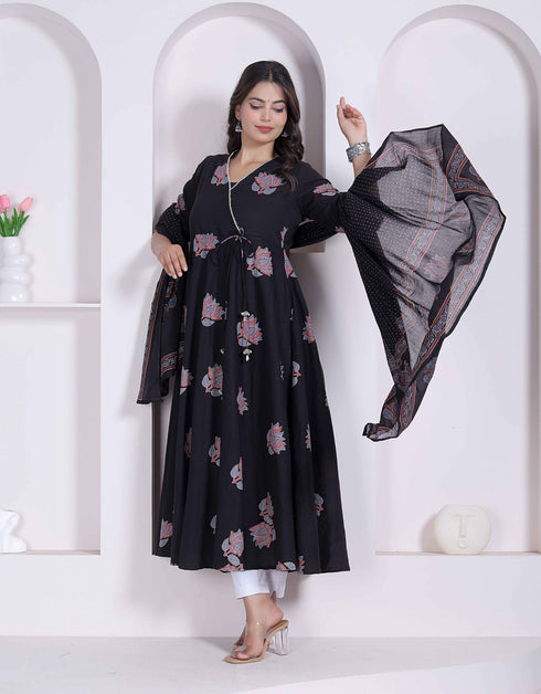 Miravan Black Printed Cotton Anarkali Kurta and Dupatta for Women