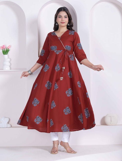 Miravan Womens Rust floral Printed Pure Cotton Gota Patti Angrakha Kurta