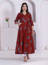 Miravan Womens Rust floral Printed Pure Cotton Gota Patti Angrakha Kurta