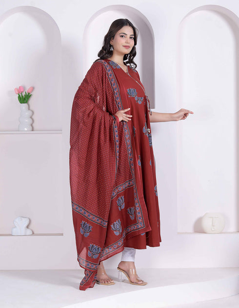 Miravan Women Rust Floral Printed Angrakha Kurta and Dupatta