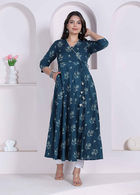 Miravan Womens blue Ethnic Motifs Printed V Neck Cotton Angrakha Kurta