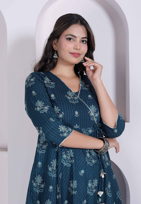 Miravan Womens blue Ethnic Motifs Printed V Neck Cotton Angrakha Kurta