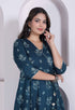 Miravan Womens blue Ethnic Motifs Printed V Neck Cotton Angrakha Kurta