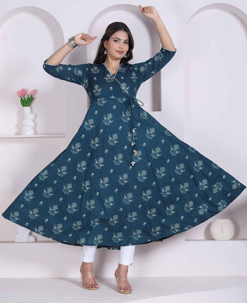 Miravan Womens blue Ethnic Motifs Printed V Neck Cotton Angrakha Kurta
