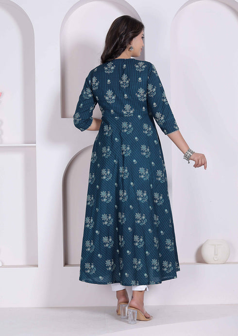 Miravan Womens blue Ethnic Motifs Printed V Neck Cotton Angrakha Kurta