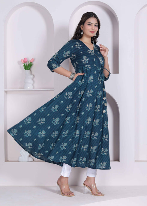 Miravan Womens blue Ethnic Motifs Printed V Neck Cotton Angrakha Kurta