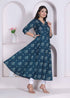 Miravan Womens blue Ethnic Motifs Printed V Neck Cotton Angrakha Kurta