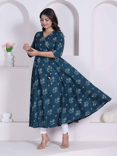 Miravan Womens blue Ethnic Motifs Printed V Neck Cotton Angrakha Kurta