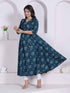 Miravan Womens blue Ethnic Motifs Printed V Neck Cotton Angrakha Kurta