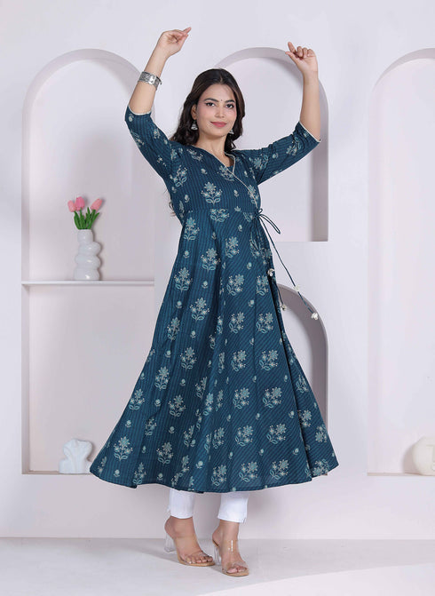 Miravan Womens blue Ethnic Motifs Printed V Neck Cotton Angrakha Kurta