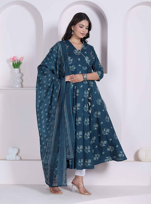 Miravan womens Blue Floral Printed Angrakha Kurta with dupatta