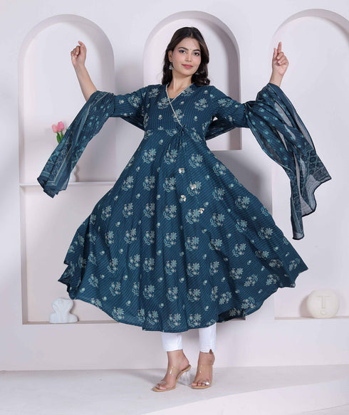 Miravan womens Blue Floral Printed Angrakha Kurta with dupatta